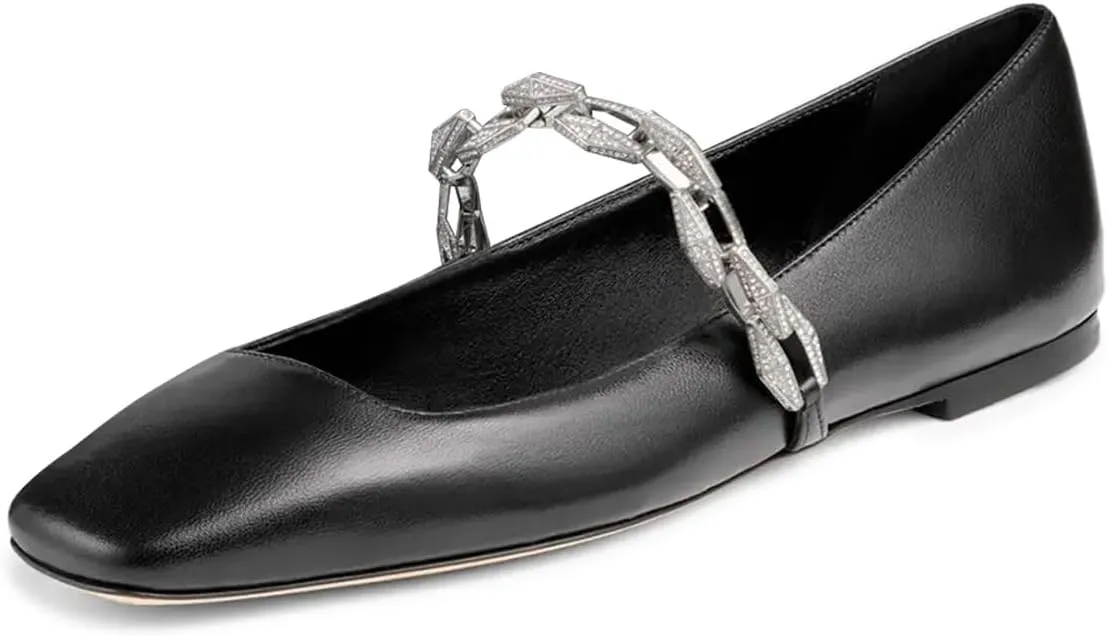 miss left Women Comfy Chain Strap Mary Janes Shoes Slip On Closed Square Toe Ballet Flats for Walking School Dressy Size 4-16 US