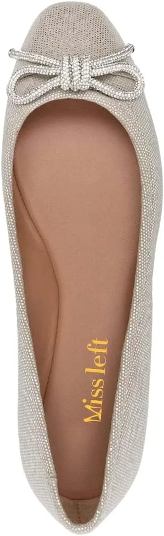 miss left Women Rhinestone Bows Ballet Flats Closed Rounded Toe Slip On Low Thick Heels Comfy Dance Walking Satin Shoes Size 4-16 US