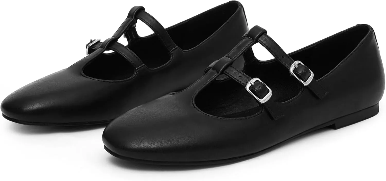 Modatope Mary Jane Flats for Women Ballet Flats Closed Round Toe Two Strap Casual Work Party