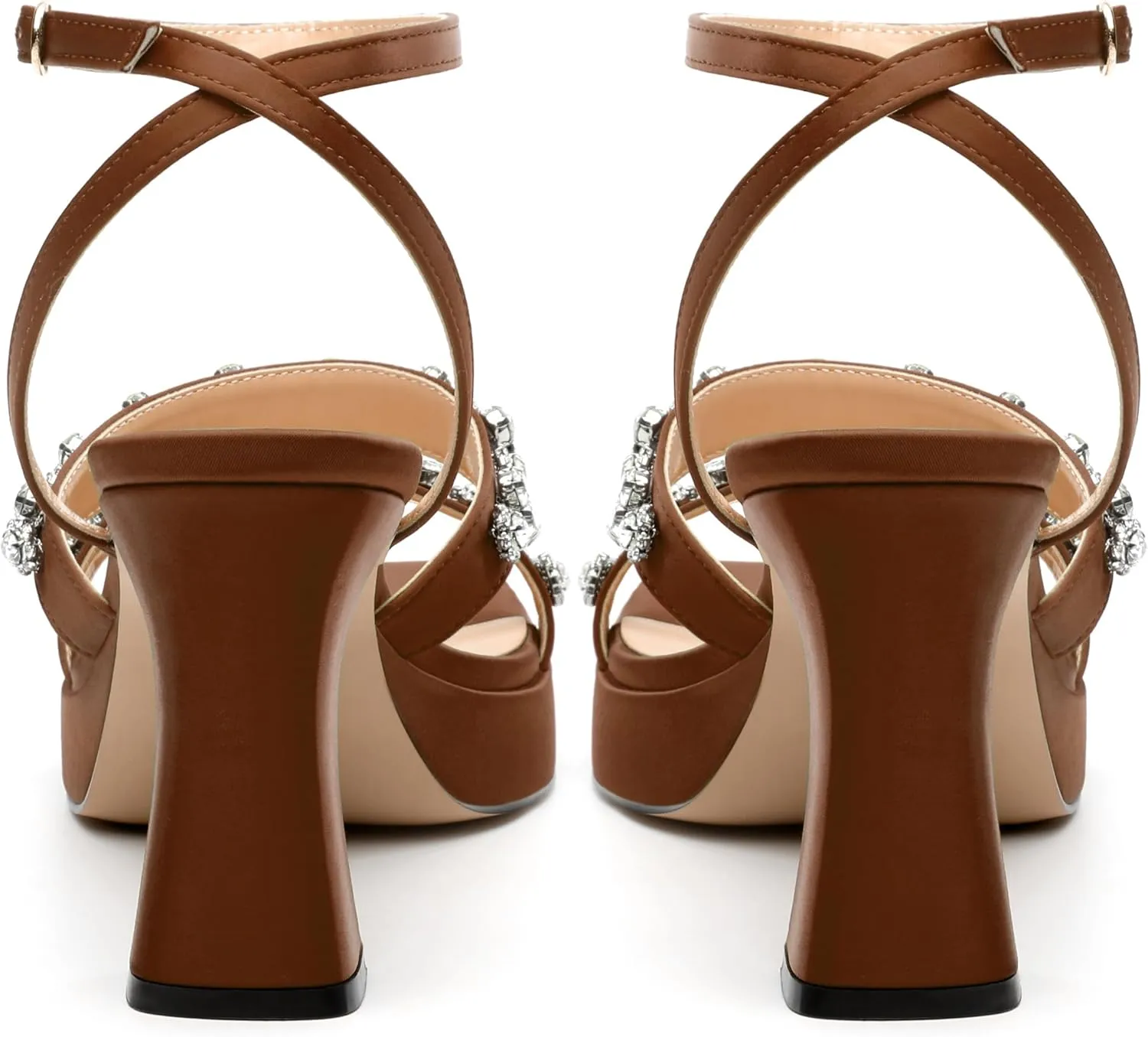 MODENCOCO Platform Heels for Women Heeled Sandals with Rhinestone Strappy Square Toe Block Heel for Wedding Dress Party