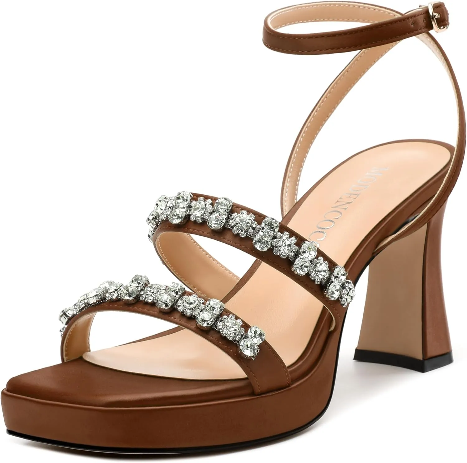MODENCOCO Platform Heels for Women Heeled Sandals with Rhinestone Strappy Square Toe Block Heel for Wedding Dress Party