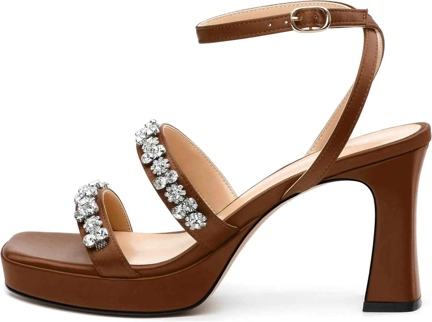 MODENCOCO Platform Heels for Women Heeled Sandals with Rhinestone Strappy Square Toe Block Heel for Wedding Dress Party
