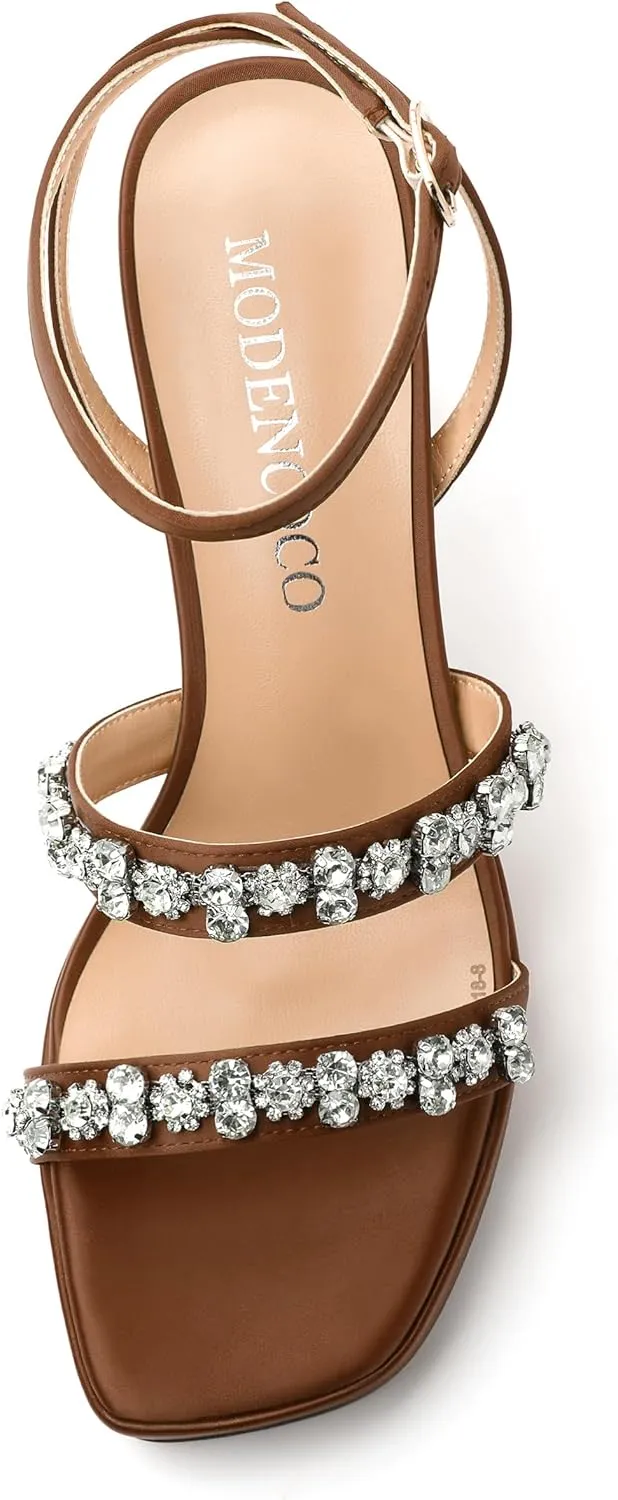 MODENCOCO Platform Heels for Women Heeled Sandals with Rhinestone Strappy Square Toe Block Heel for Wedding Dress Party