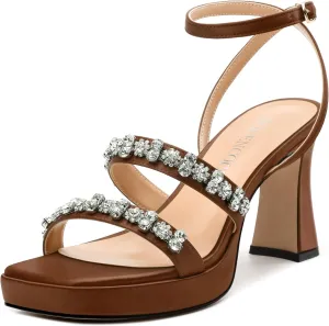 MODENCOCO Platform Heels for Women Heeled Sandals with Rhinestone Strappy Square Toe Block Heel for Wedding Dress Party