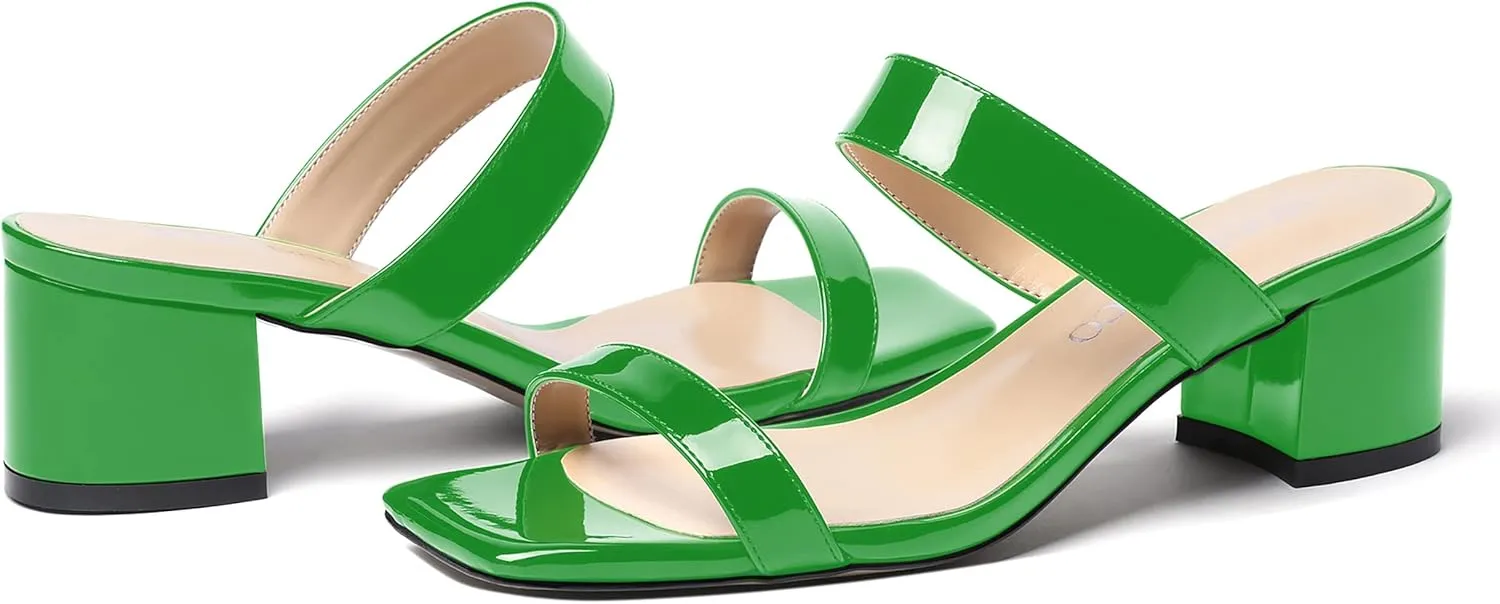 MODENCOCO Women's Open Toe Casual Dating Slip On Patent Square Toe Chunky Low Heel Sandals 2 Inch