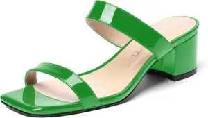 MODENCOCO Women's Open Toe Casual Dating Slip On Patent Square Toe Chunky Low Heel Sandals 2 Inch