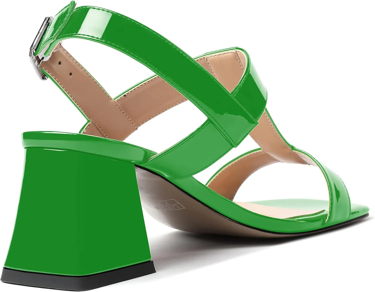 MODENCOCO Women's Strap Buckle Patent Slingback Dating Fashion Square Toe Chunky Low Heel Heeled Sandals 2 Inch