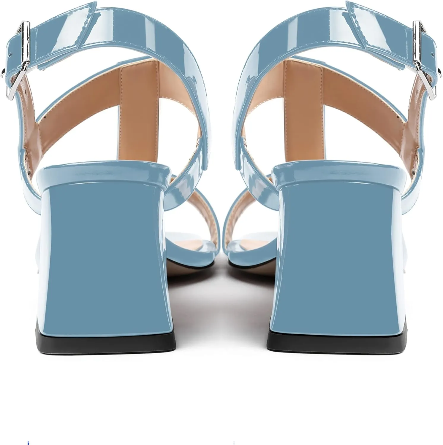 MODENCOCO Women's Strap Buckle Patent Slingback Dating Fashion Square Toe Chunky Low Heel Heeled Sandals 2 Inch