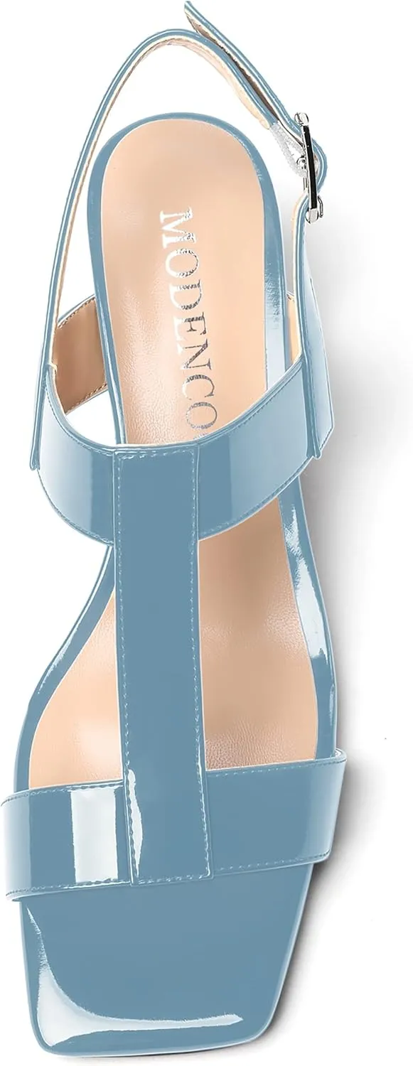 MODENCOCO Women's Strap Buckle Patent Slingback Dating Fashion Square Toe Chunky Low Heel Heeled Sandals 2 Inch