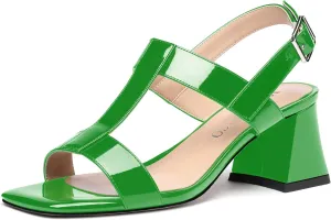 MODENCOCO Women's Strap Buckle Patent Slingback Dating Fashion Square Toe Chunky Low Heel Heeled Sandals 2 Inch
