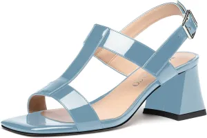 MODENCOCO Women's Strap Buckle Patent Slingback Dating Fashion Square Toe Chunky Low Heel Heeled Sandals 2 Inch