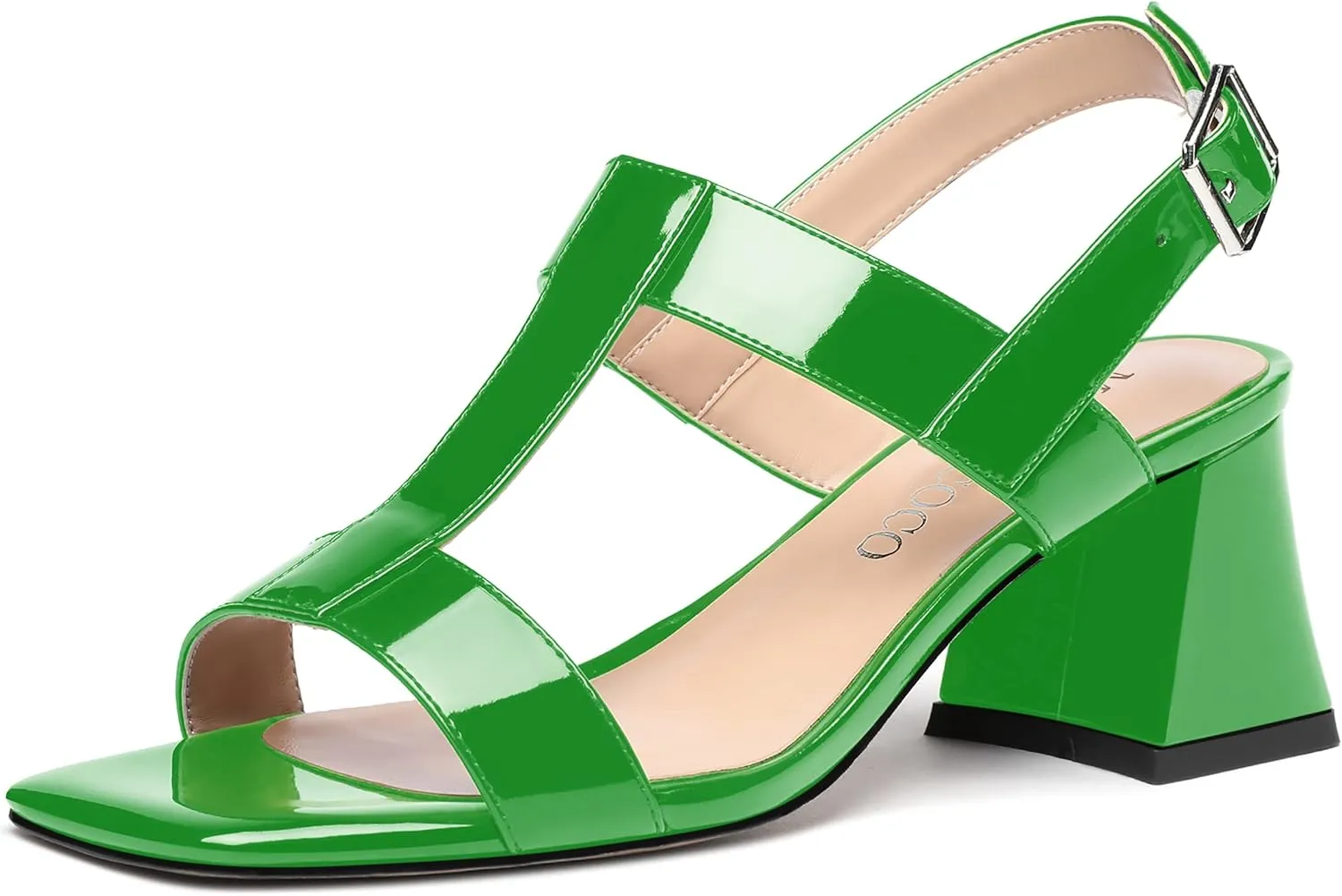 MODENCOCO Women's Strap Buckle Patent Slingback Dating Fashion Square Toe Chunky Low Heel Heeled Sandals 2 Inch