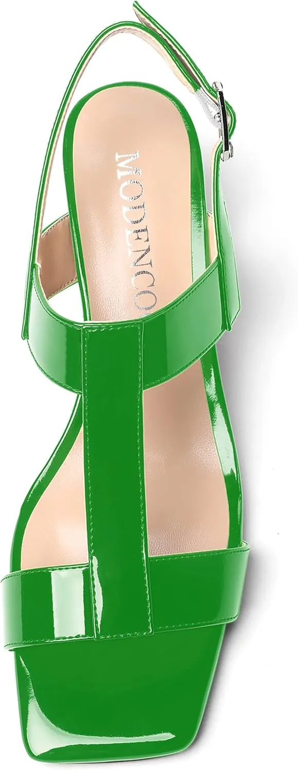 MODENCOCO Women's Strap Buckle Patent Slingback Dating Fashion Square Toe Chunky Low Heel Heeled Sandals 2 Inch