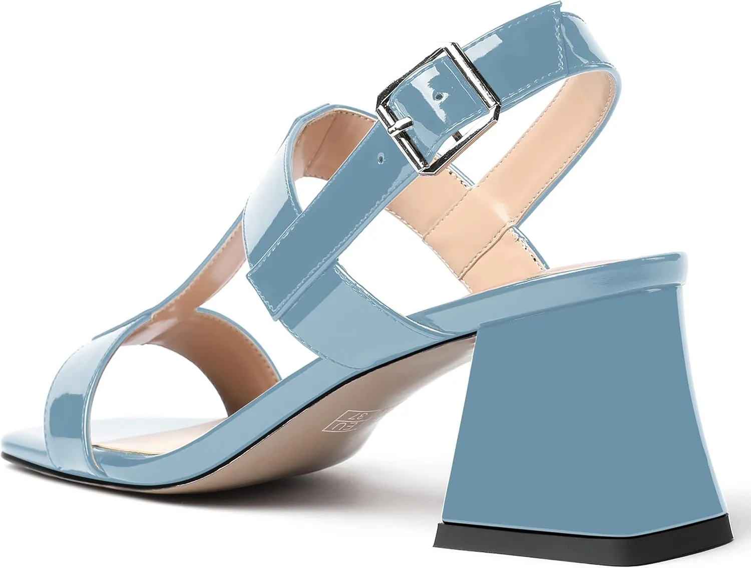 MODENCOCO Women's Strap Buckle Patent Slingback Dating Fashion Square Toe Chunky Low Heel Heeled Sandals 2 Inch