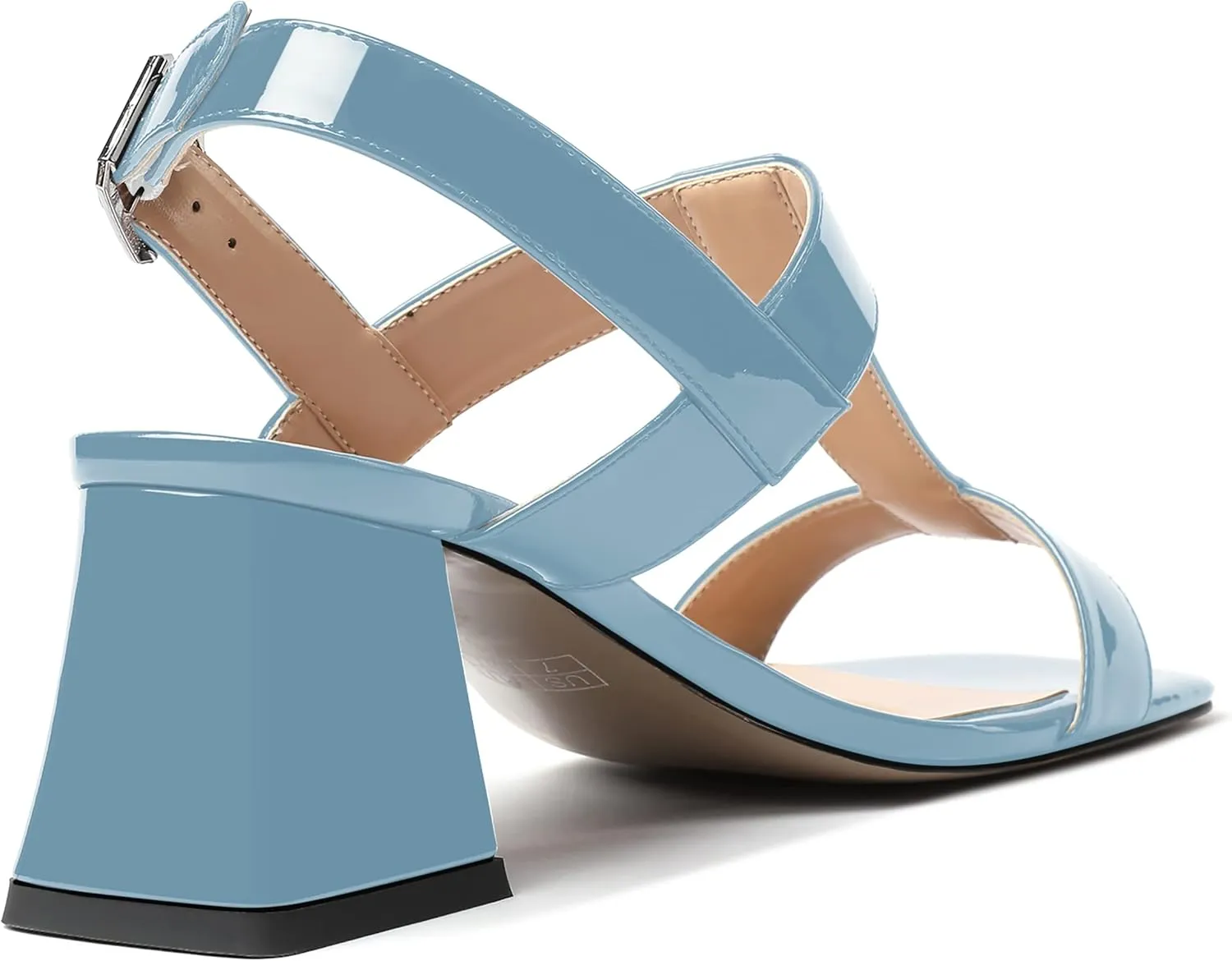 MODENCOCO Women's Strap Buckle Patent Slingback Dating Fashion Square Toe Chunky Low Heel Heeled Sandals 2 Inch
