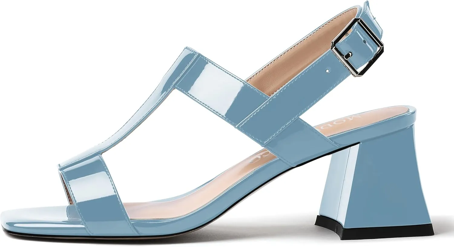 MODENCOCO Women's Strap Buckle Patent Slingback Dating Fashion Square Toe Chunky Low Heel Heeled Sandals 2 Inch
