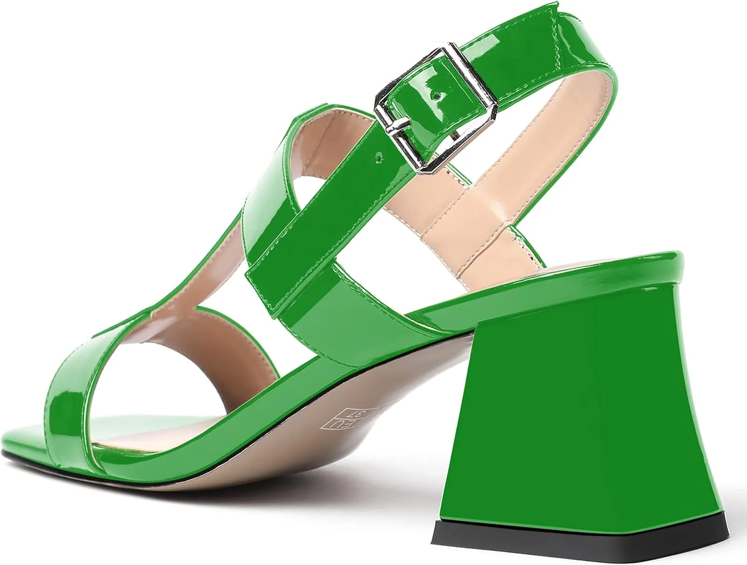 MODENCOCO Women's Strap Buckle Patent Slingback Dating Fashion Square Toe Chunky Low Heel Heeled Sandals 2 Inch