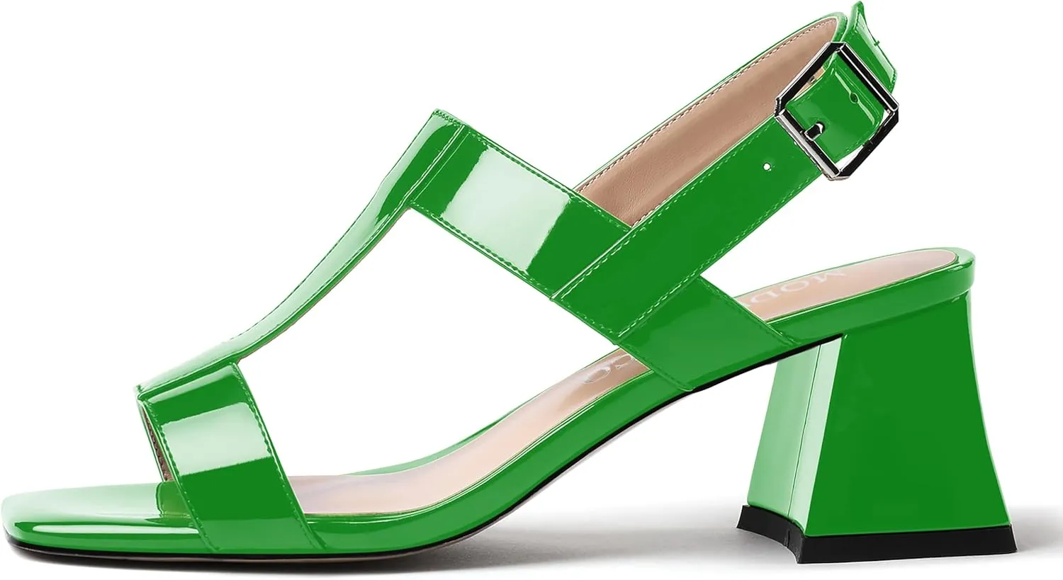 MODENCOCO Women's Strap Buckle Patent Slingback Dating Fashion Square Toe Chunky Low Heel Heeled Sandals 2 Inch