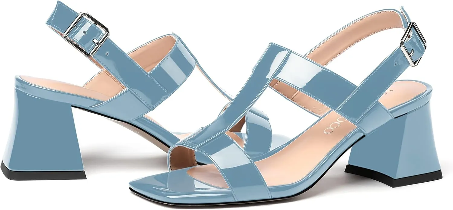 MODENCOCO Women's Strap Buckle Patent Slingback Dating Fashion Square Toe Chunky Low Heel Heeled Sandals 2 Inch