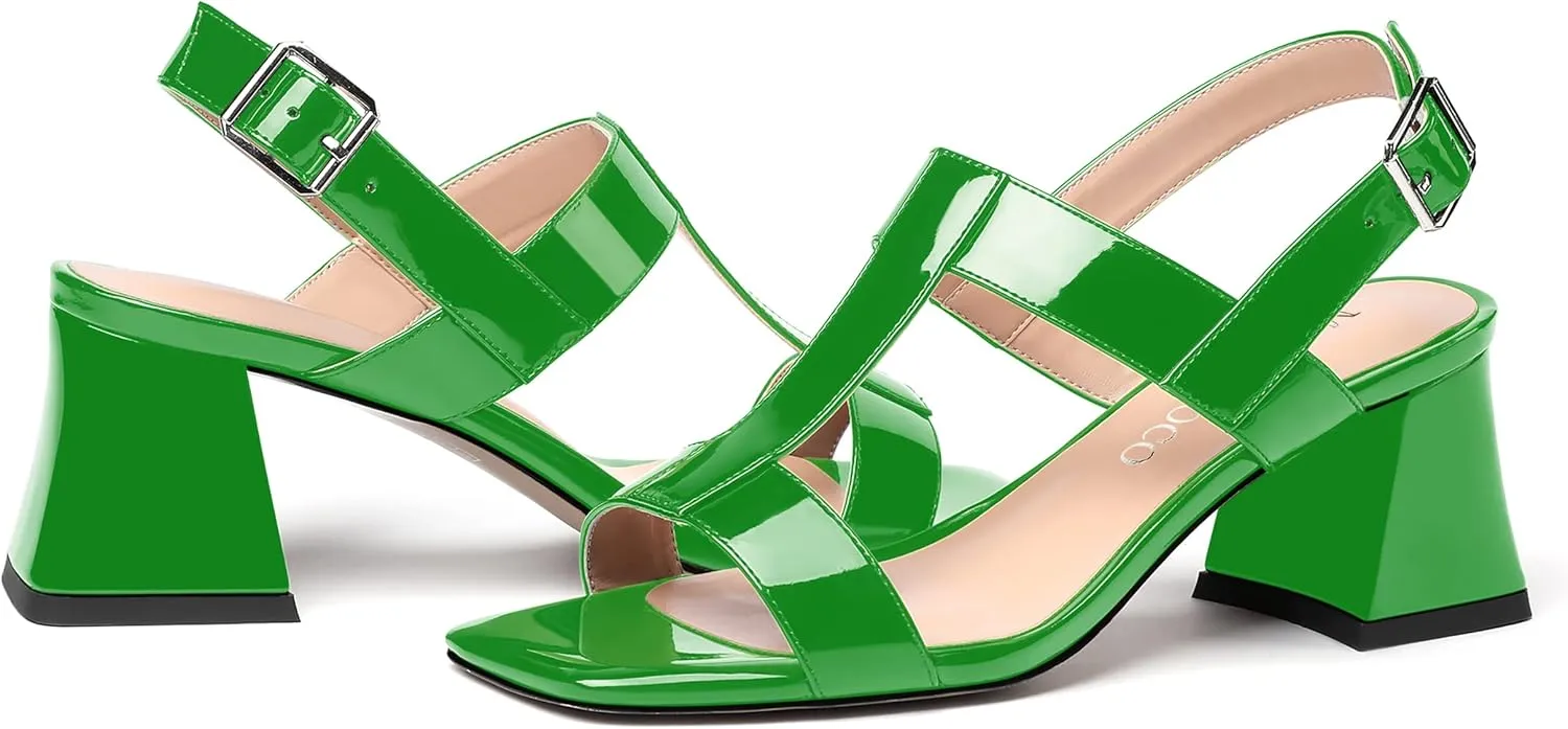 MODENCOCO Women's Strap Buckle Patent Slingback Dating Fashion Square Toe Chunky Low Heel Heeled Sandals 2 Inch