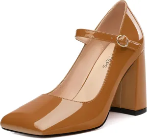 MOVINSTEPS Chunky High Heels for Women Patent Square Closed Toe Slip on Heeled Sandals Classic Office Fashion Dress Shoes 3.8 Inch