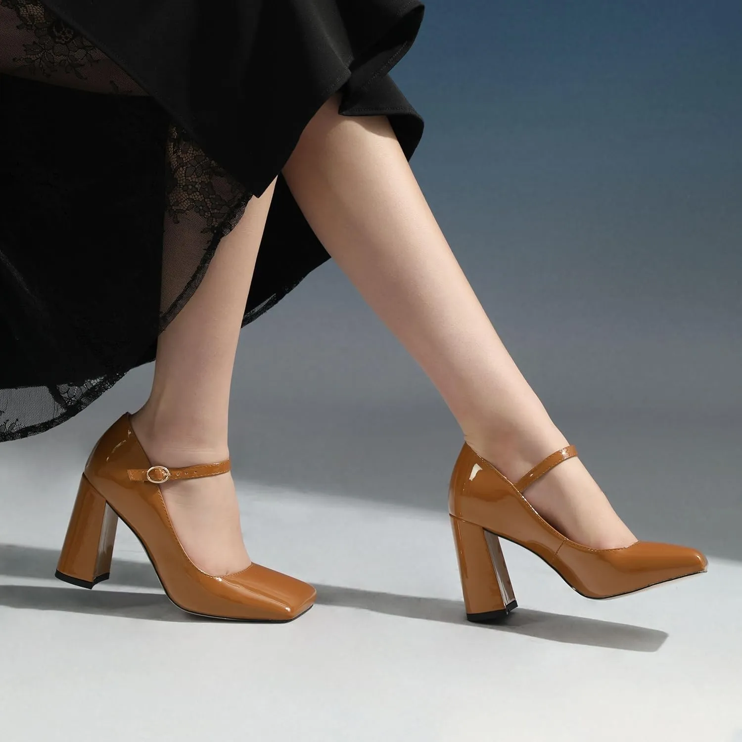 MOVINSTEPS Chunky High Heels for Women Patent Square Closed Toe Slip on Heeled Sandals Classic Office Fashion Dress Shoes 3.8 Inch