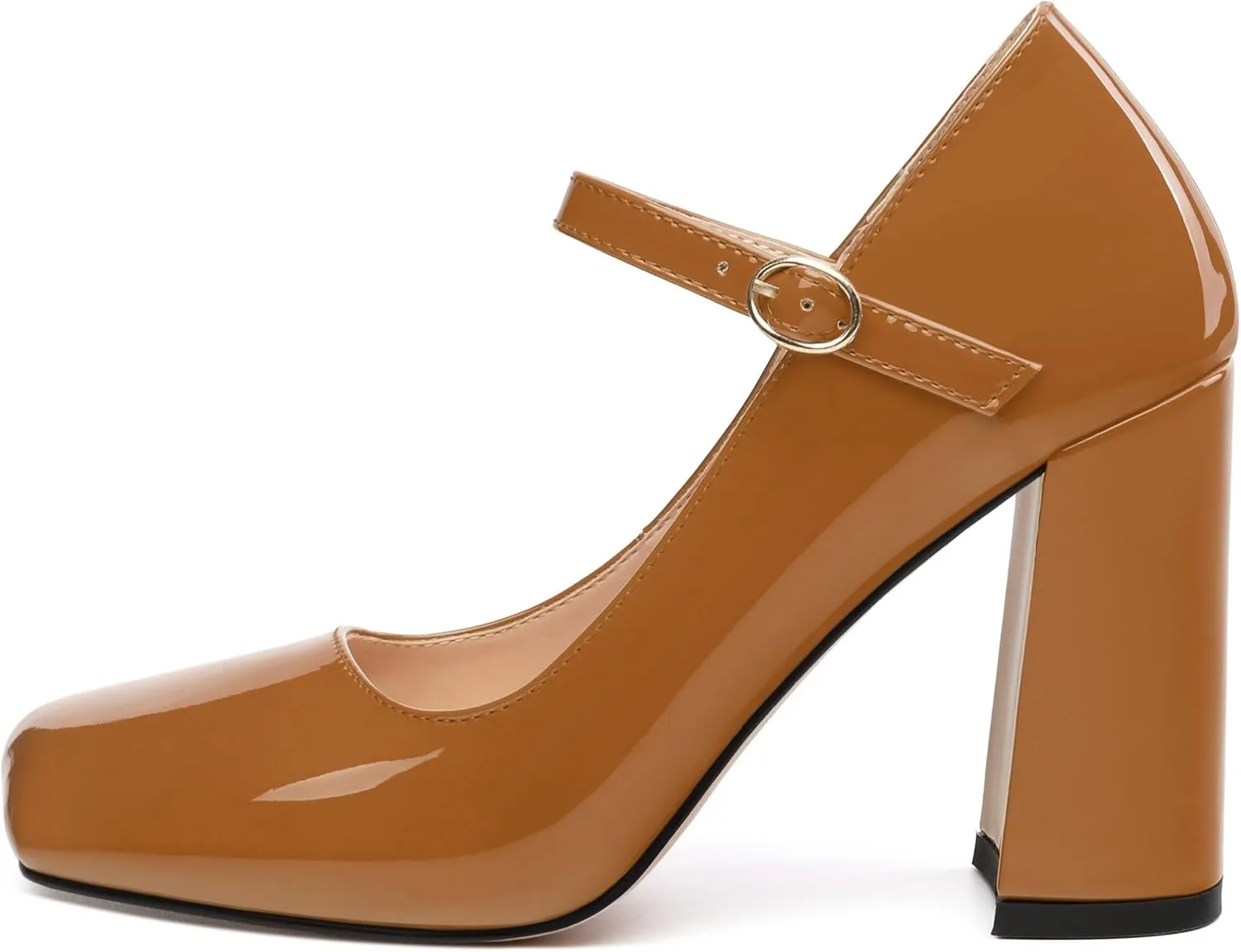 MOVINSTEPS Chunky High Heels for Women Patent Square Closed Toe Slip on Heeled Sandals Classic Office Fashion Dress Shoes 3.8 Inch