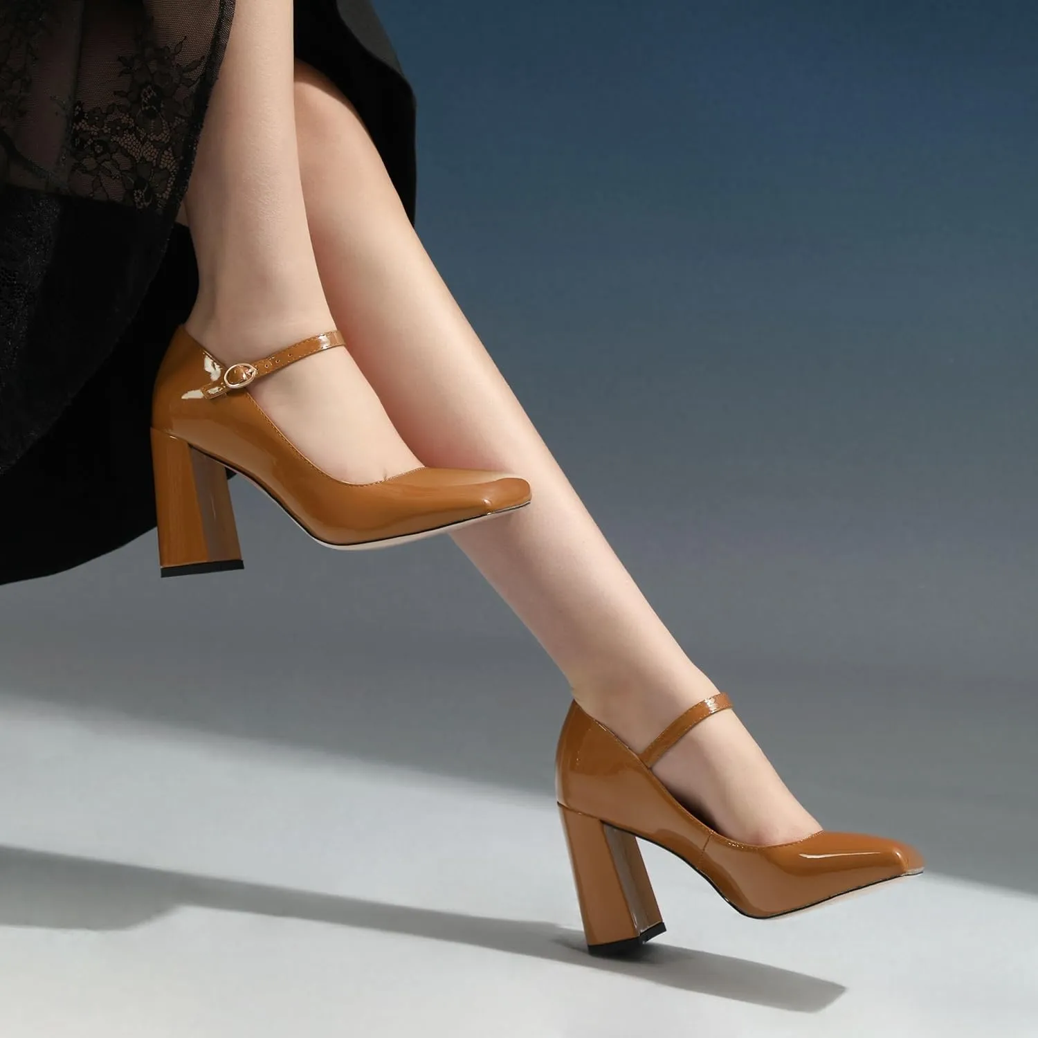 MOVINSTEPS Chunky High Heels for Women Patent Square Closed Toe Slip on Heeled Sandals Classic Office Fashion Dress Shoes 3.8 Inch