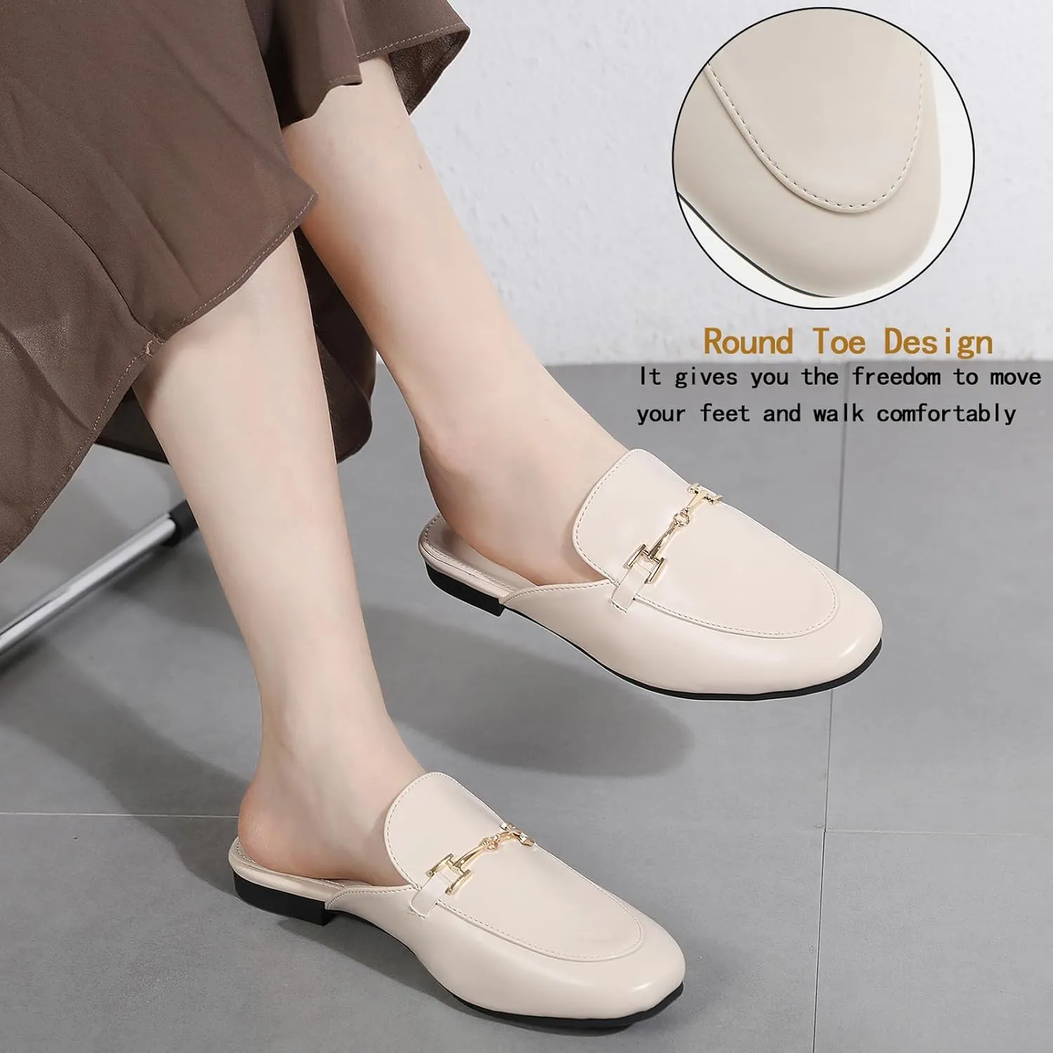Mules for Women Flats Round Toe Womens Mules Buckle Slip on Slides Backless Loafer Shoes