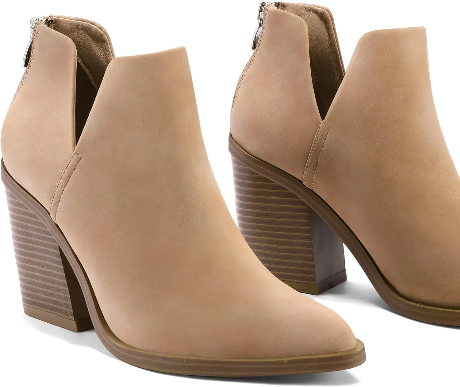 mysoft Women's Ankle Boots Slip on Cutout Pointed Toe Chunky Stacked Mid Heel Booties