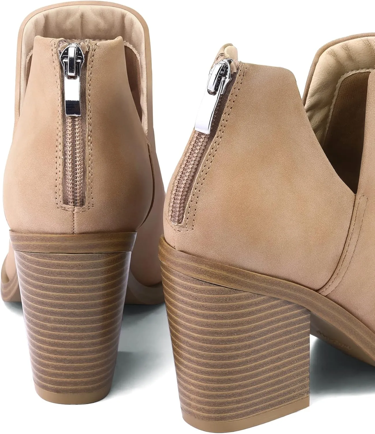 mysoft Women's Ankle Boots Slip on Cutout Pointed Toe Chunky Stacked Mid Heel Booties