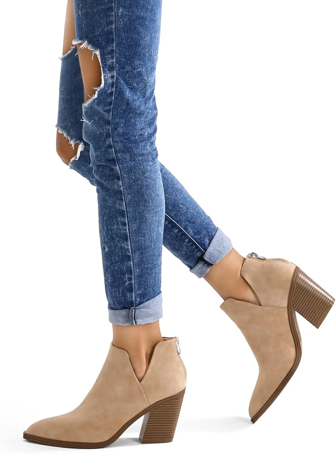 mysoft Women's Ankle Boots Slip on Cutout Pointed Toe Chunky Stacked Mid Heel Booties