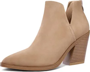 mysoft Women's Ankle Boots Slip on Cutout Pointed Toe Chunky Stacked Mid Heel Booties