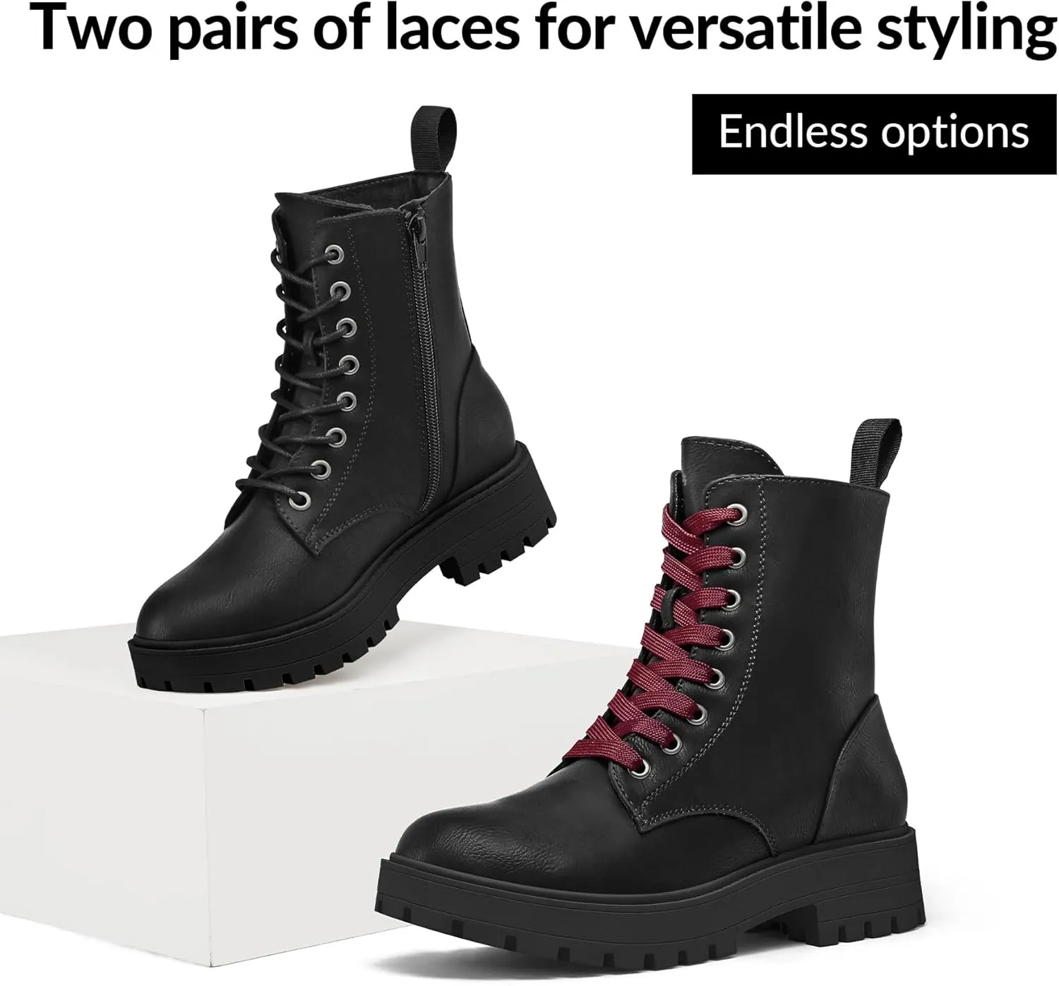 mysoft Women's Combat Boots Lace-Up Platform Ankle Booties Chunky Low Heel Side Zipper Shoes