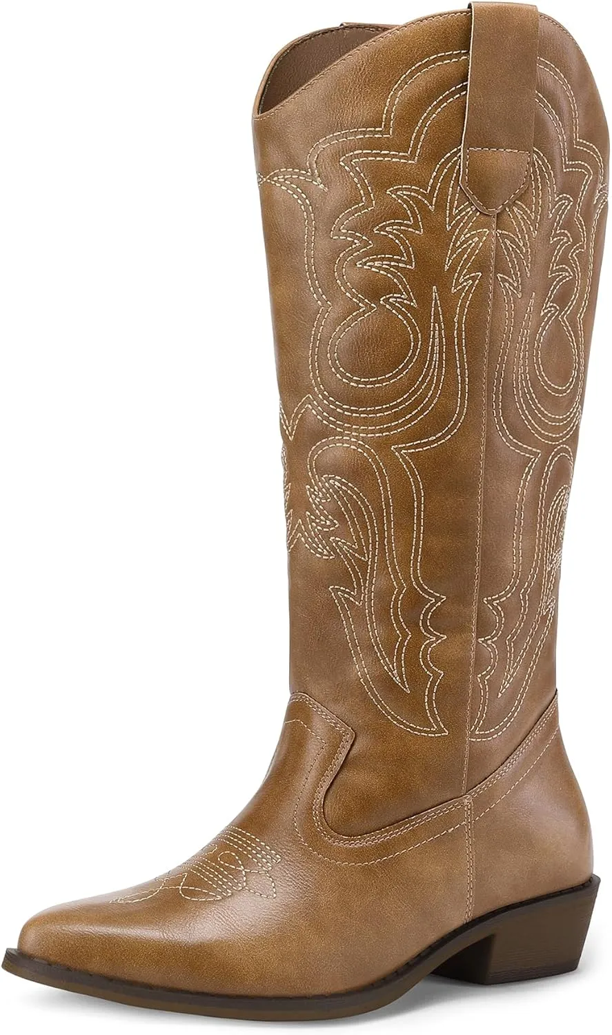 mysoft Women's Cowboy Boots Mid Calf Cowgirl Embroidered Western Pointed Toe Chunky Heel Pull On Knee High Boots