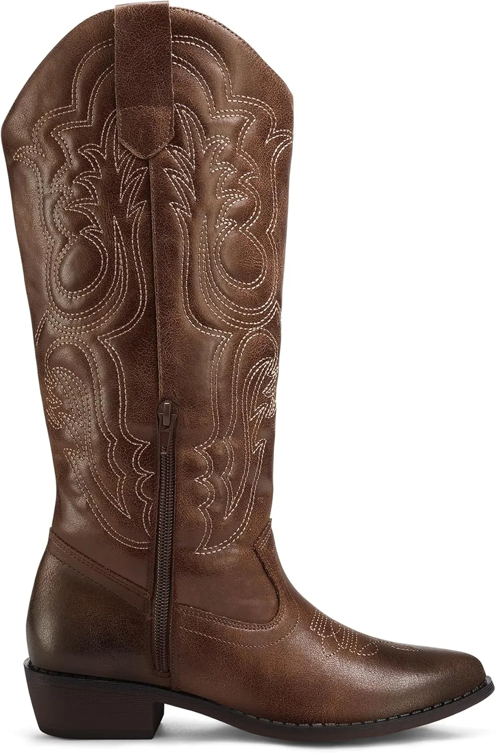 mysoft Women's Cowboy Boots Mid Calf Cowgirl Embroidered Western Pointed Toe Chunky Heel Pull On Knee High Boots