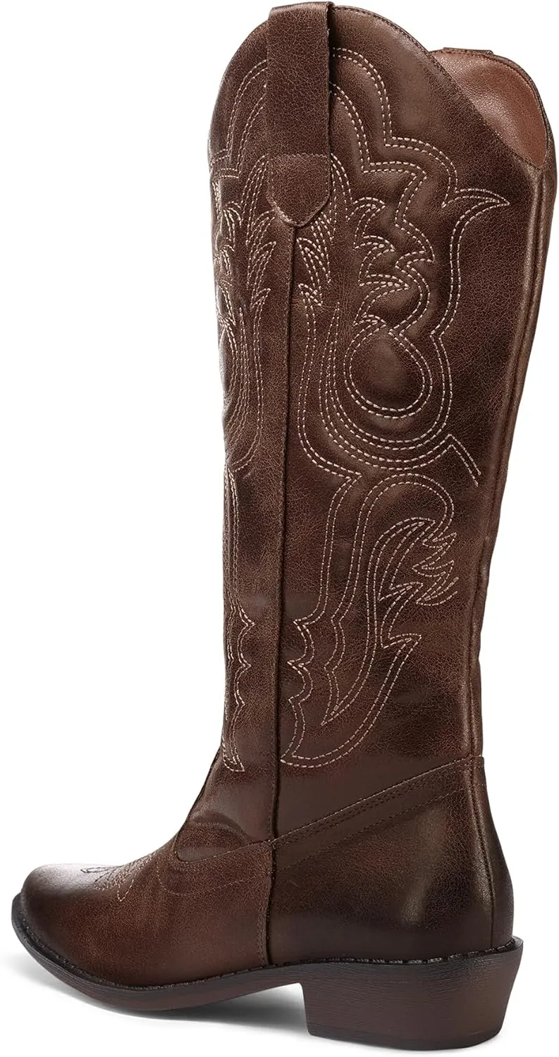 mysoft Women's Cowboy Boots Mid Calf Cowgirl Embroidered Western Pointed Toe Chunky Heel Pull On Knee High Boots