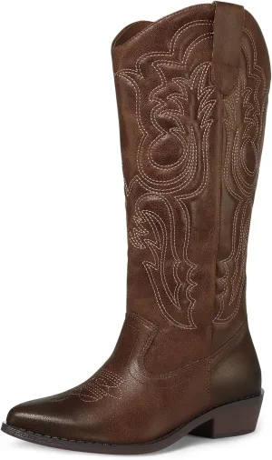 mysoft Women's Cowboy Boots Mid Calf Cowgirl Embroidered Western Pointed Toe Chunky Heel Pull On Knee High Boots