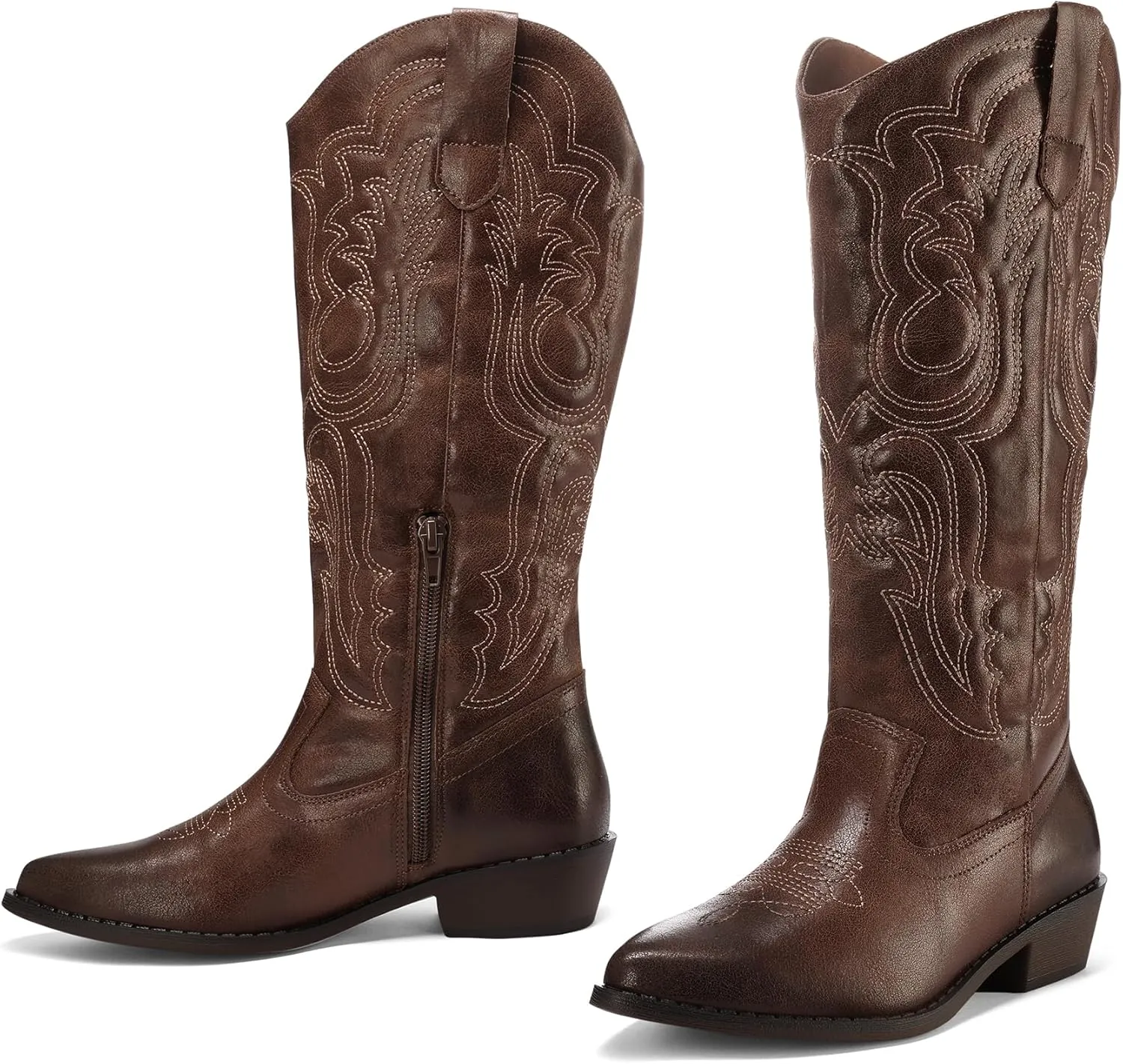 mysoft Women's Cowboy Boots Mid Calf Cowgirl Embroidered Western Pointed Toe Chunky Heel Pull On Knee High Boots