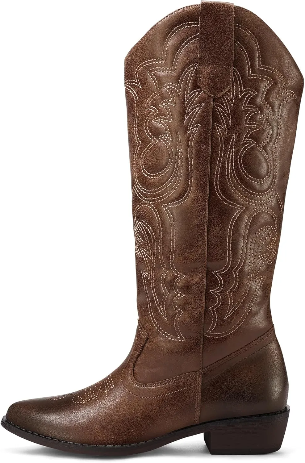 mysoft Women's Cowboy Boots Mid Calf Cowgirl Embroidered Western Pointed Toe Chunky Heel Pull On Knee High Boots