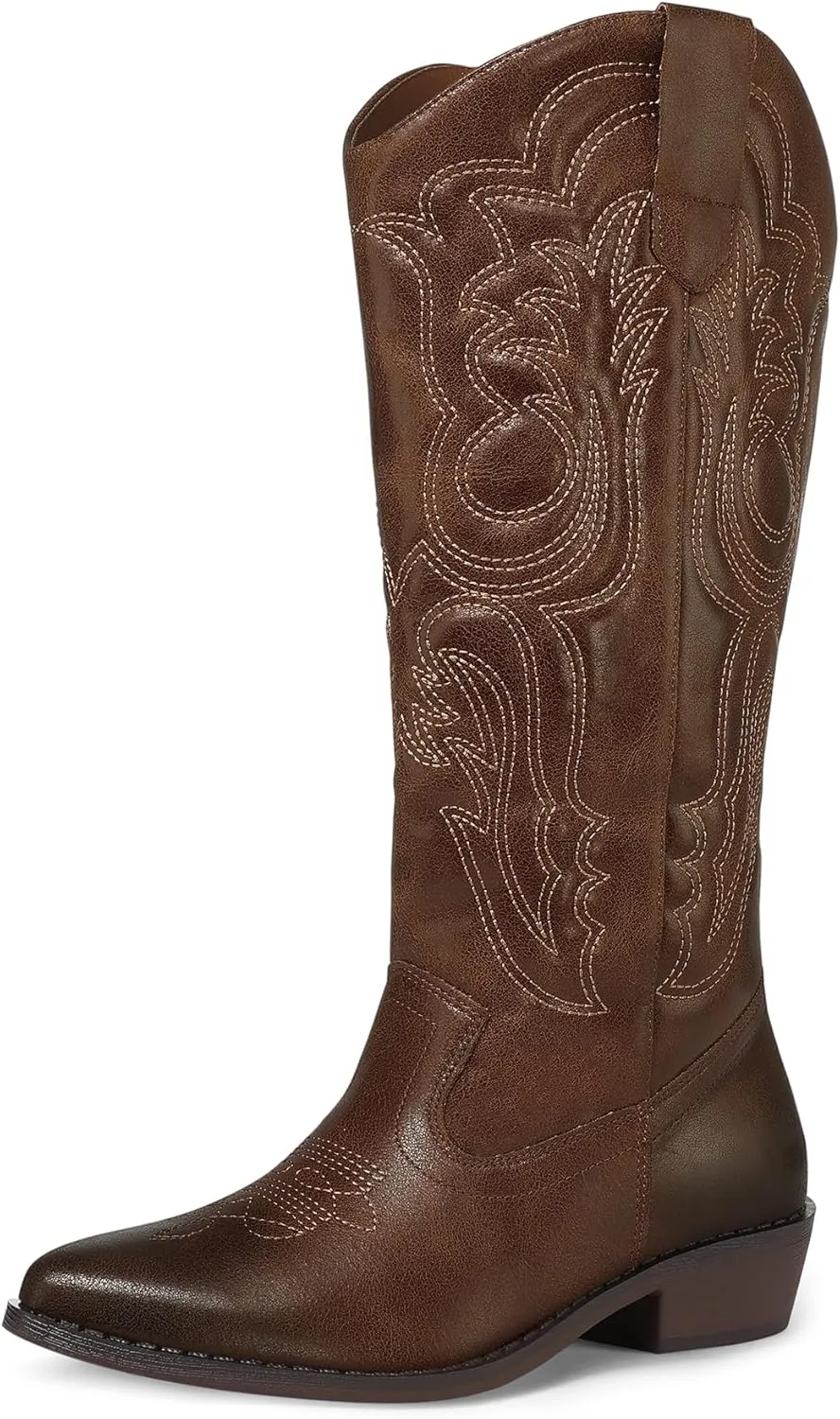 mysoft Women's Cowboy Boots Mid Calf Cowgirl Embroidered Western Pointed Toe Chunky Heel Pull On Knee High Boots
