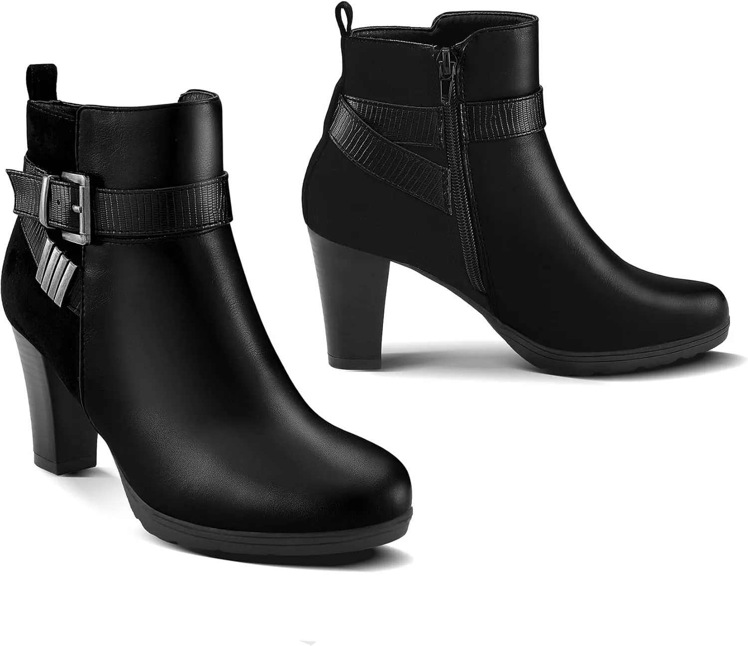 mysoft Women's Wide Width Ankle Boots Chunky Heel Ankle Strap Buckle Booties with Zipper
