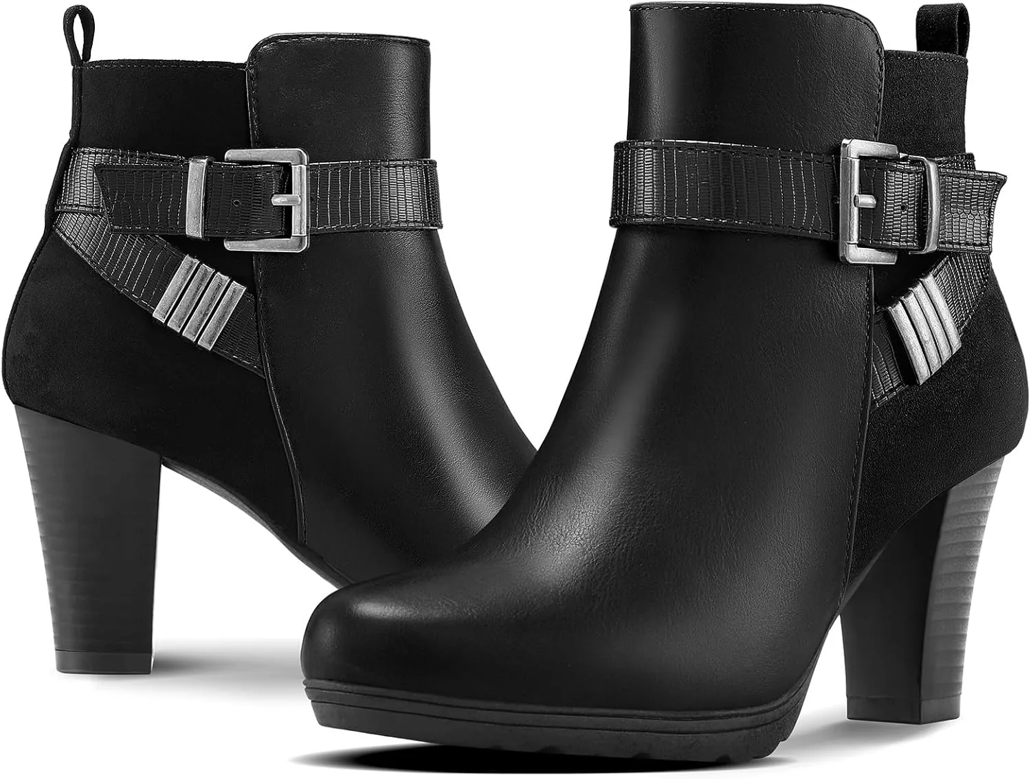 mysoft Women's Wide Width Ankle Boots Chunky Heel Ankle Strap Buckle Booties with Zipper
