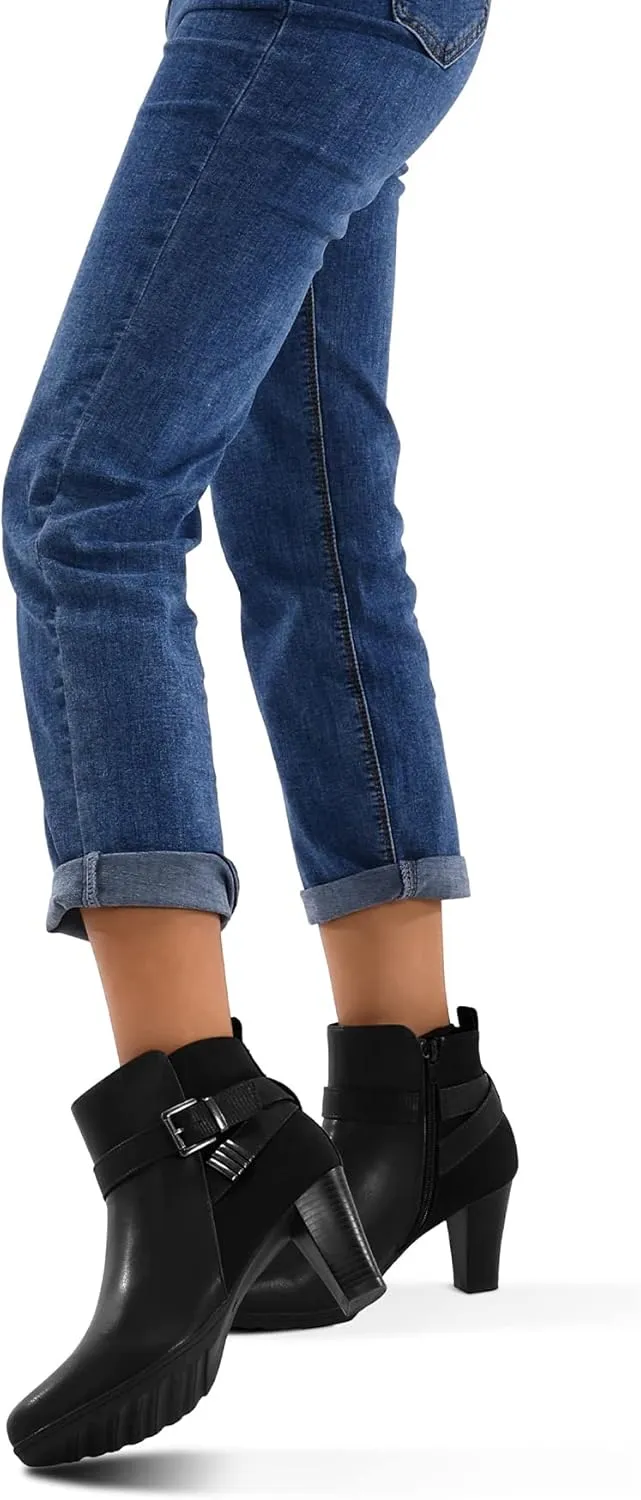 mysoft Women's Wide Width Ankle Boots Chunky Heel Ankle Strap Buckle Booties with Zipper
