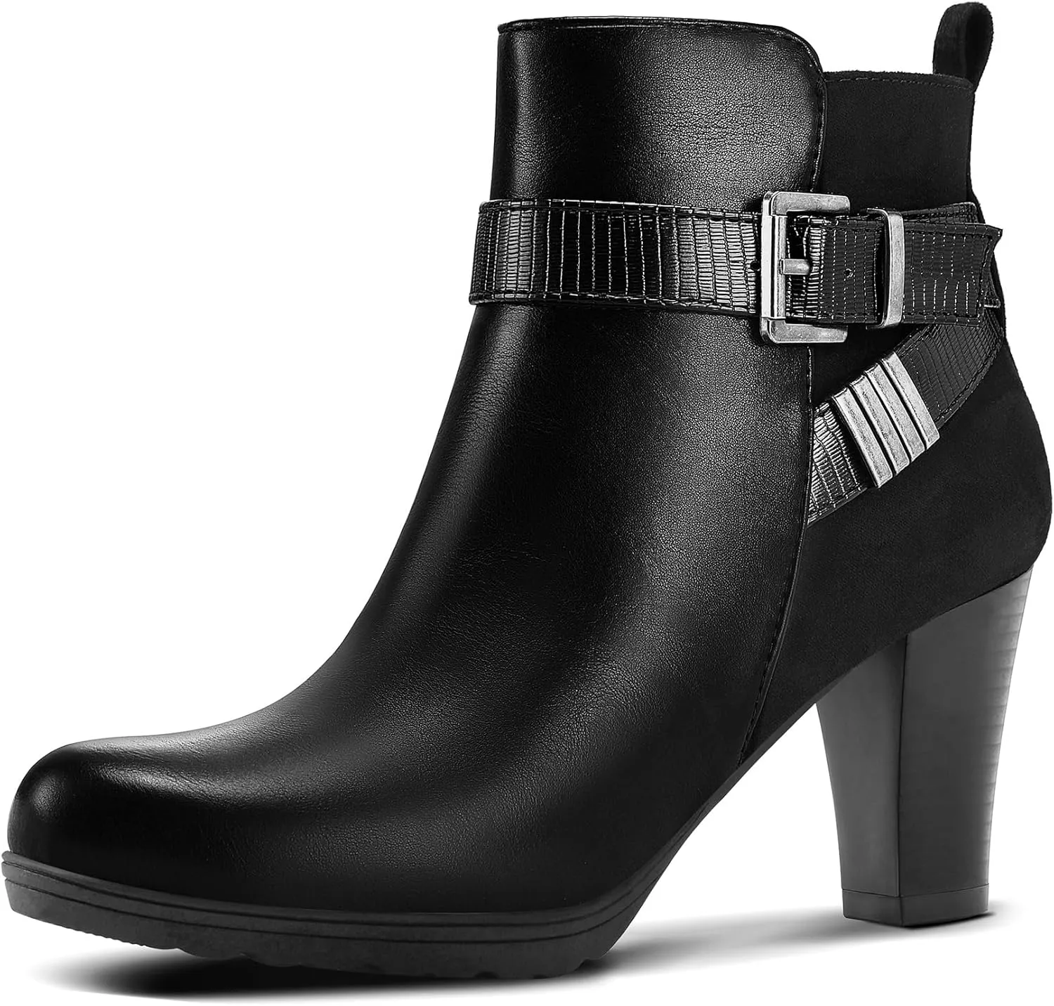 mysoft Women's Wide Width Ankle Boots Chunky Heel Ankle Strap Buckle Booties with Zipper