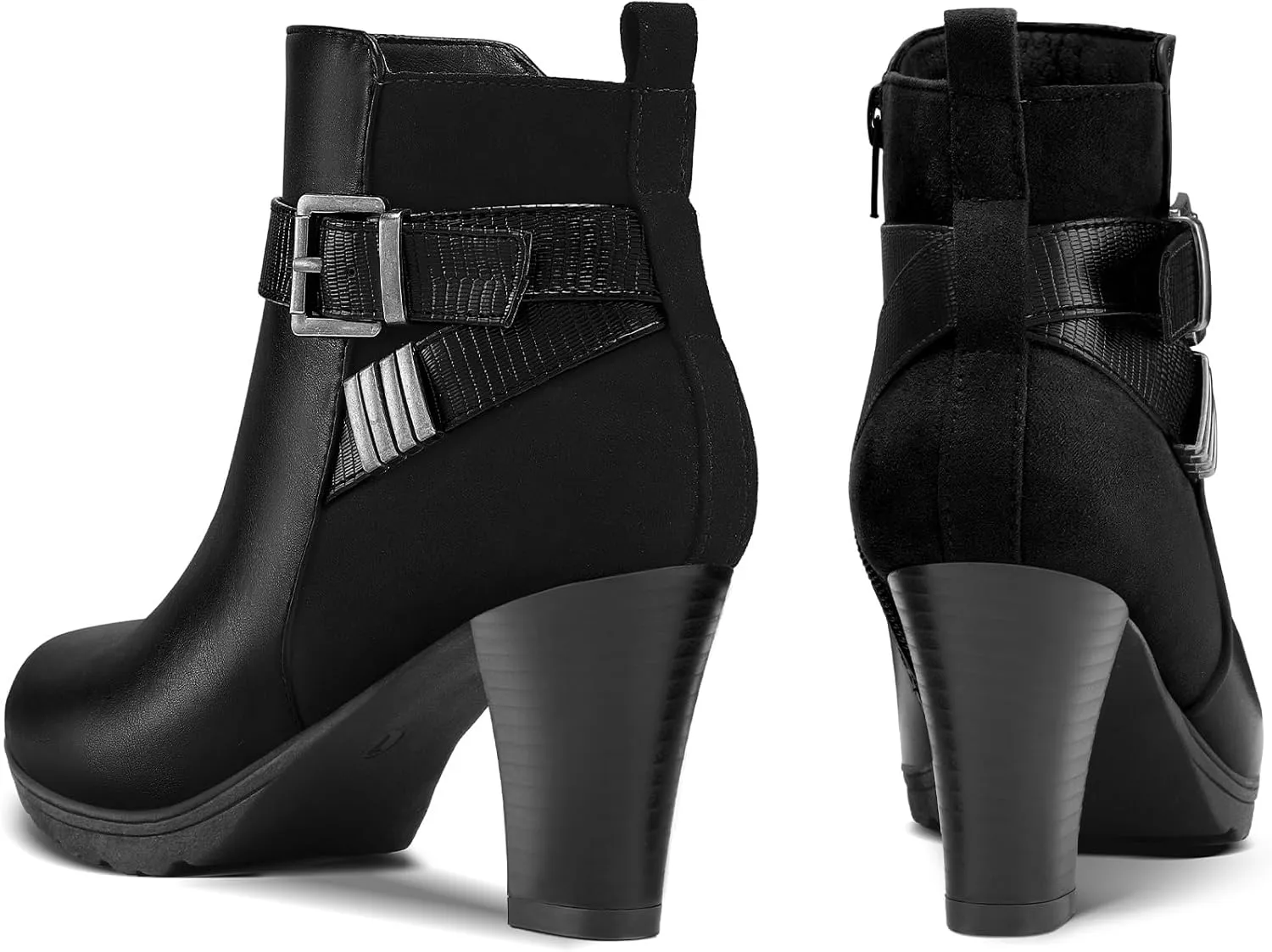 mysoft Women's Wide Width Ankle Boots Chunky Heel Ankle Strap Buckle Booties with Zipper