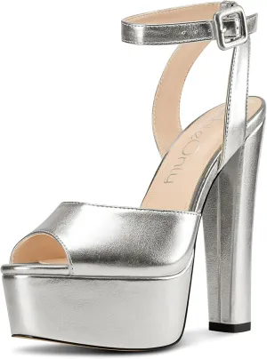 NobleOnly Platform Heels for Women Platform Sandals Chunky Heel Peep Open Toe Ankle Strap Sandals Wedding Party Prom Shoes 5.9 Inches Heels