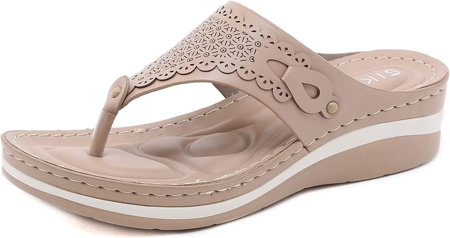 oiangi Summer Womens Clip Toe Flip Flops Sandals Fashion Casual Thong Strap Slip-on Wedge Slipper Lightweight Comfy Massage Soft Bottom Beach Shoes