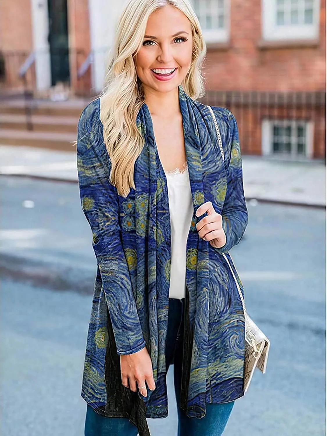 Oil Painting Shirt Van Gogh Gift Starry Night Long Open Front Cardigans for Women Long Sleeve Clothing Lightweight Sweater