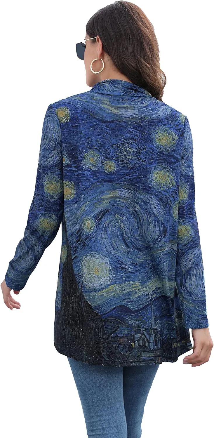 Oil Painting Shirt Van Gogh Gift Starry Night Long Open Front Cardigans for Women Long Sleeve Clothing Lightweight Sweater